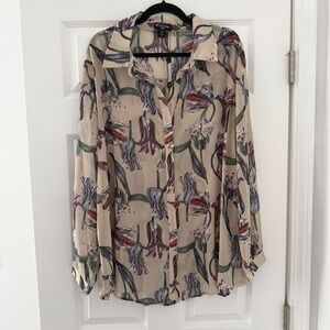 PrettyLittleThing 16 Top Floral Print Sheer Button Up Shirt 1x Career Classy Tan